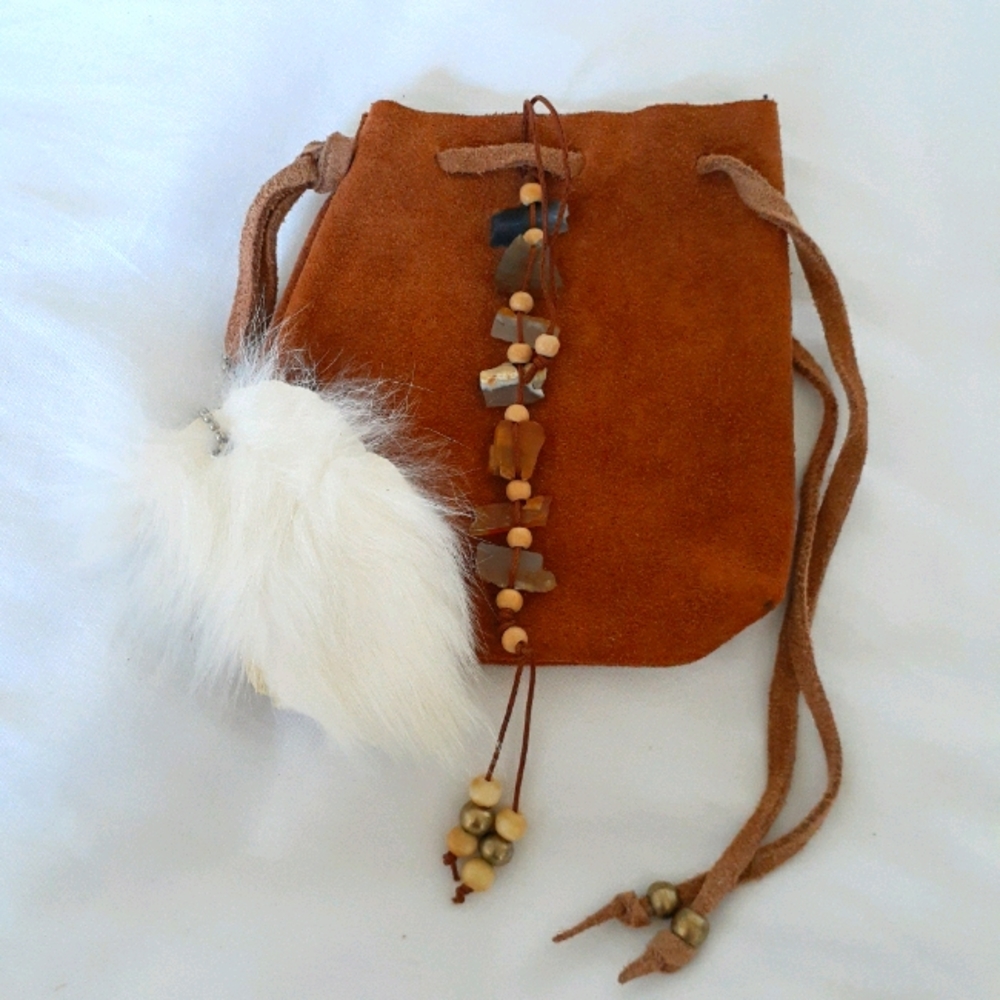 Leather Pouch with Agates and Bunny Fur